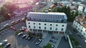 Belmore Court from air with Solar Panels-min Sustainable Hotel in Enniskillen, Solar at Belmore Court & Motel