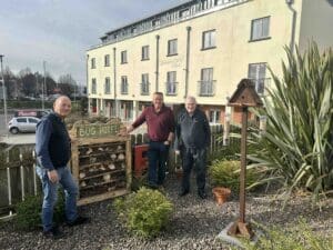 Green Hotels in Enniskillen. Terry with Fermanagh's Men's Shed who made the Bird houses and Bug Hotel